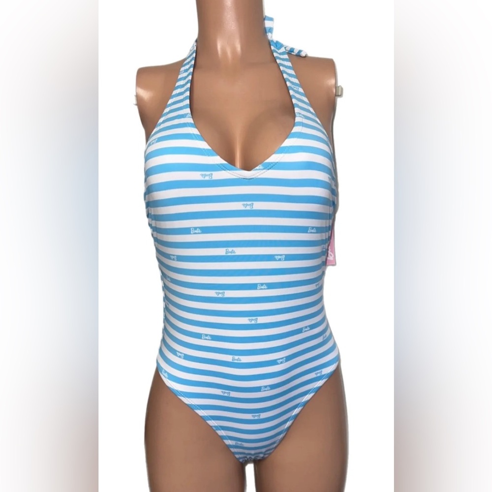 Barbie Womens One Piece Blue Striped Logo Swimsuit Nwts Costume Party 80’s